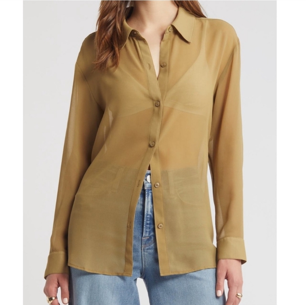 NWOT Open Edit Sheer Olive Brine Button-Up Blouse